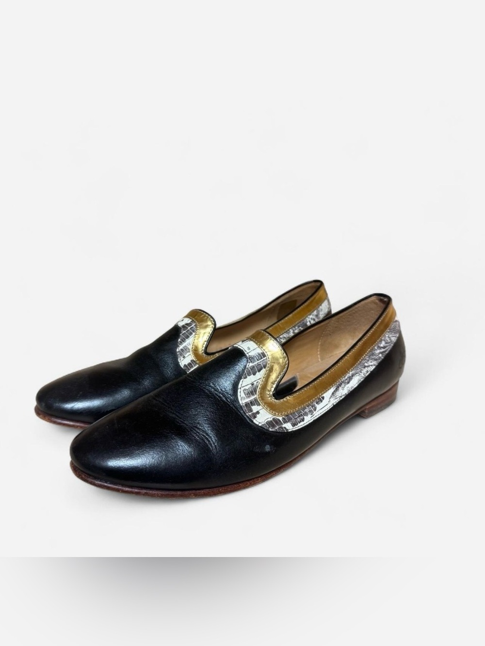 John Fluevog Black Leather Loafers with Gold Trim and White Snake Print